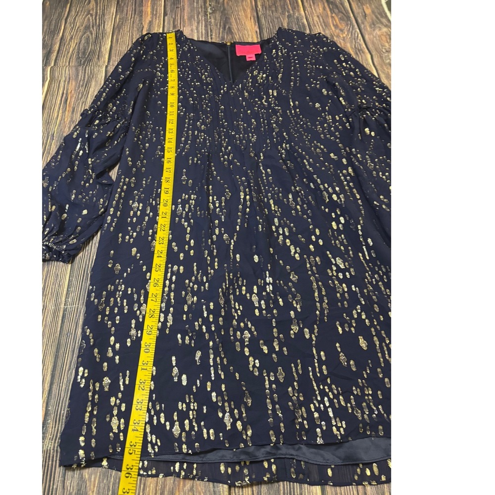 Lilly Pulitzer Cleme Dress Womens 8 Navy Silk Gold Metallic Foil Balloon Sleeve - Picture 4 of 15
